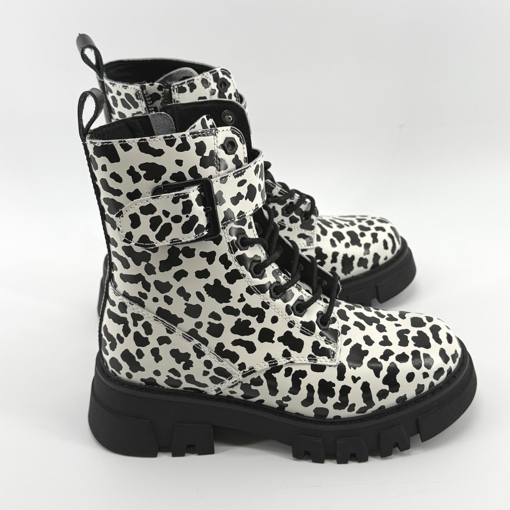 Levis Womens Giselle- Leopard Print Combat Lace Up Boots Shoes‎ Black Cream NEW - Picture 10 of 16